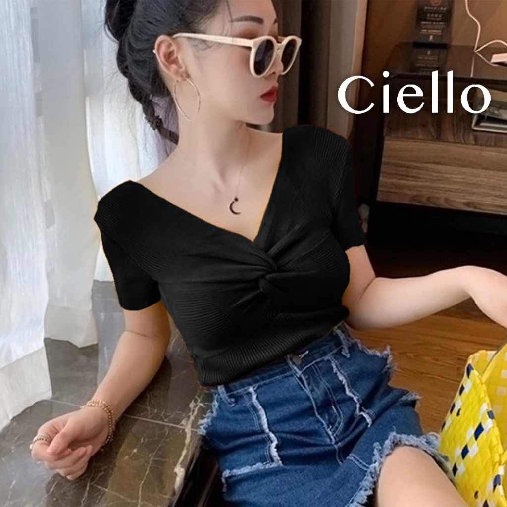Ciello | Crop Top Twist | Super Premium Knit Good & High Quality | Leher V-Neck | Alley Lucy Cupid |