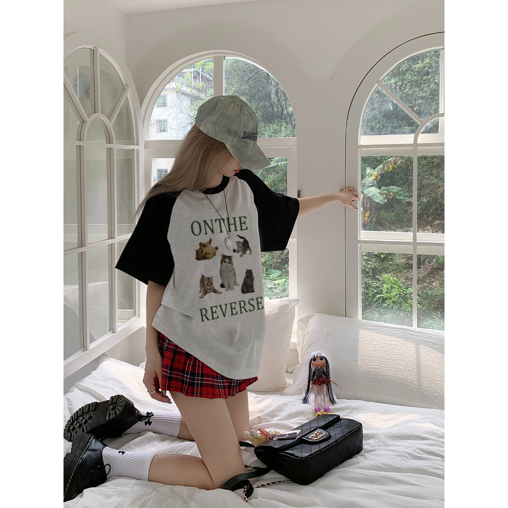 EUNII T-shirt Lengan Pendek Cartoon Funny Cat Korean Style/Kaos Atasan Wanita/Baju Kaus Oversize Wanita/Kaos Wanita