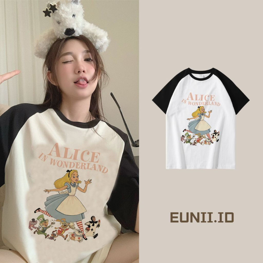 EUNII T-shirt Lengan Pendek Cartoon Disney's Alice Korean Style/Kaos Atasan Wanita/Baju Kaus Oversize Wanita/Kaos Wanita