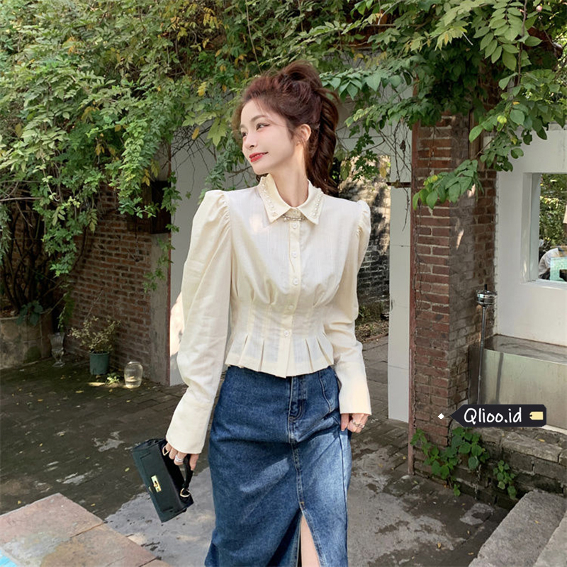 Korean Style Blouse Kemeja Lengan Panjang Wanita Terbaru Crop Top Baju Mutiara