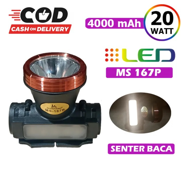 Senter Kepala LED 20 Watt Cahaya Putih MS 167P Headlamp Outdoor LED Rechargeable