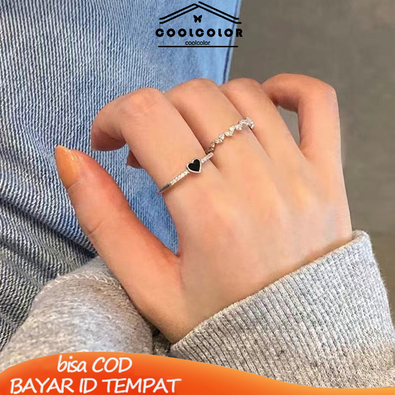 COD❤️2 Pcs/Set Cincin Zirkon Hitam Wanita Anti Karat dan Anti Luntur Hati Cinta Korea Gaya Aksesoris Fashion Murah Impor-cl