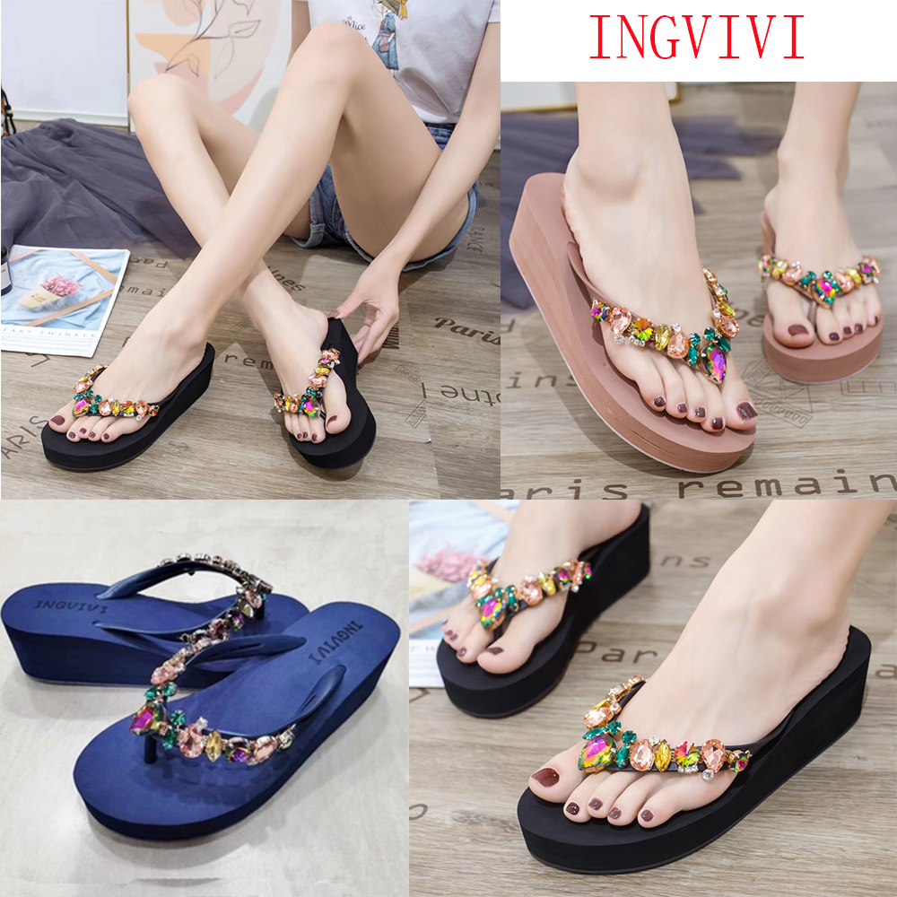 TERMURAH Sendal Ingvivi Wedges Jepit 160-5 / Sandal Ingvv Swarovsky Wedge Permata /  Spon Flip 5cm