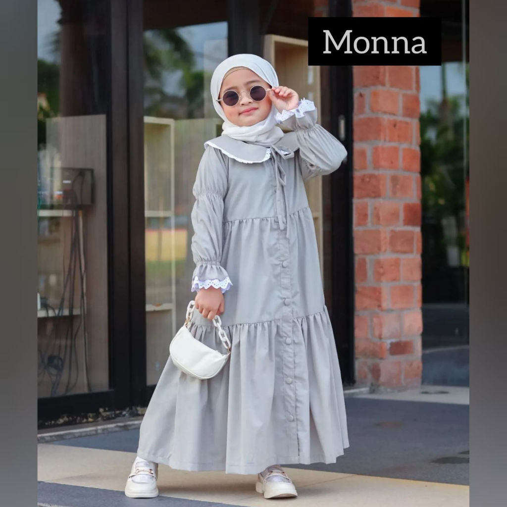 Gamis Anak Perempuan Terabaru Mona Dress Kids Matt Katun Rayon Variasi Renda &amp; Kancing Aktif Umur 8,9,10 Tahun Fashion Muslim Anak Perempuan