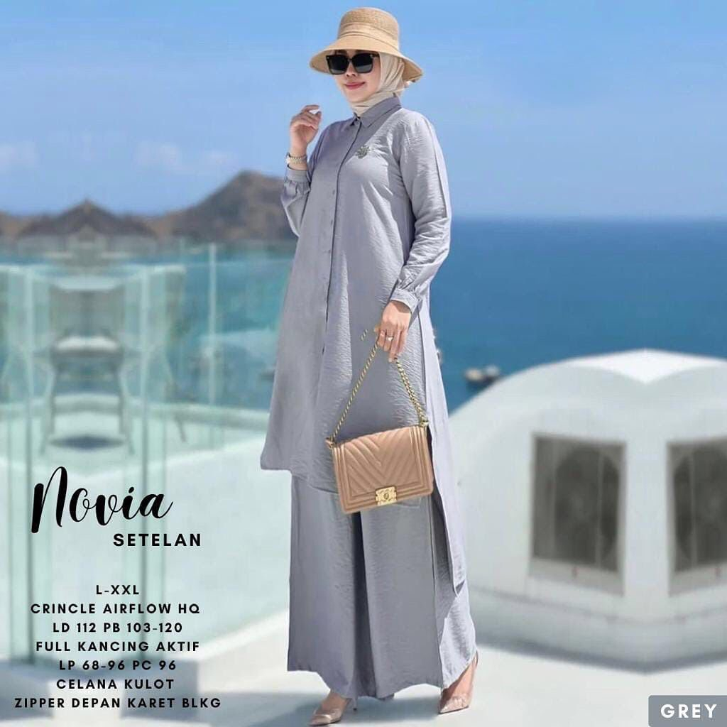 Baju Setelan Wanita Jumbo 2023 Novia Stelan Tunik Crinkle Airflow Pakaian Wanita jumbo Set Perempuan Dewasa Fashion Kekinian Tunik Set Celana Busui