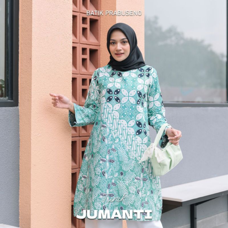 Baju Batik Prabuseno Motif Jumanti Model Tunik Katun Cap Lapis Trikot Zipper Belakang Halus Adem Model Elegan Cantik Menawan