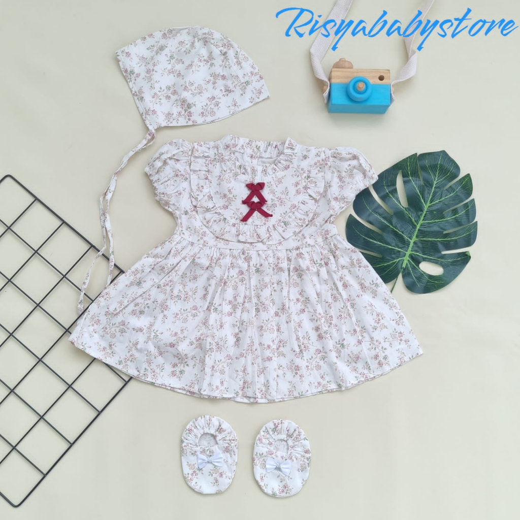 Dress bayi cewek 0-6 bulan pakaian bayi perempuan set bonet dress bayi newborn