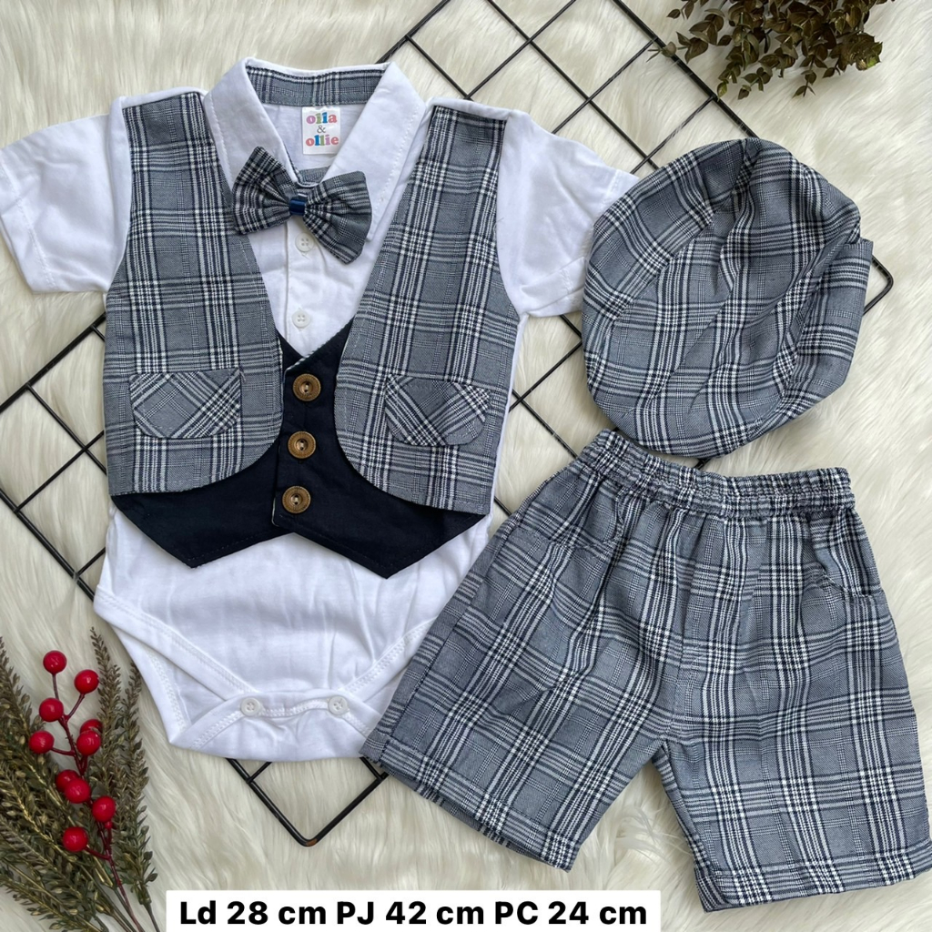 Baju Bayi Laki laki Setelan Jumper celana topi motif kotak ootd