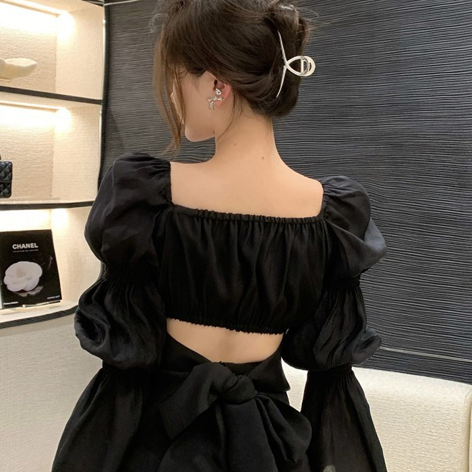 [CLEARANCE] Korean Women Backless Puff Long Sleeved Crop Blouse Atasan Wanita Lengan Panjang 2631