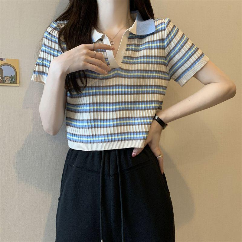 【 Bra Mall 】BJ-064 Atasan Rajut Lengan Pendek Salur Garis Garis Wanita Import Premium | Baju Rajut Salur Garis Garis Lengan Pendek