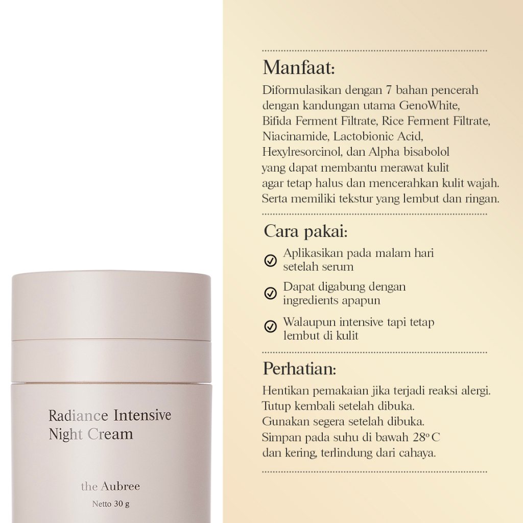 The Aubree Radiance Intensive Night Cream 30g Krim Malam Pencerah FREE NIACINAMIDE SKIN BOOSTER 10ML