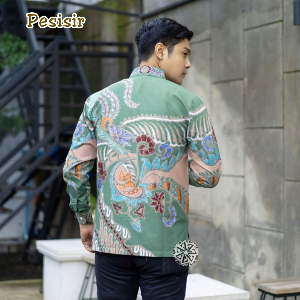 Kemeja Batik Tulis Pria Berlapis Furing Trikot Lengan Panjang Handmade motif pesisir hijau