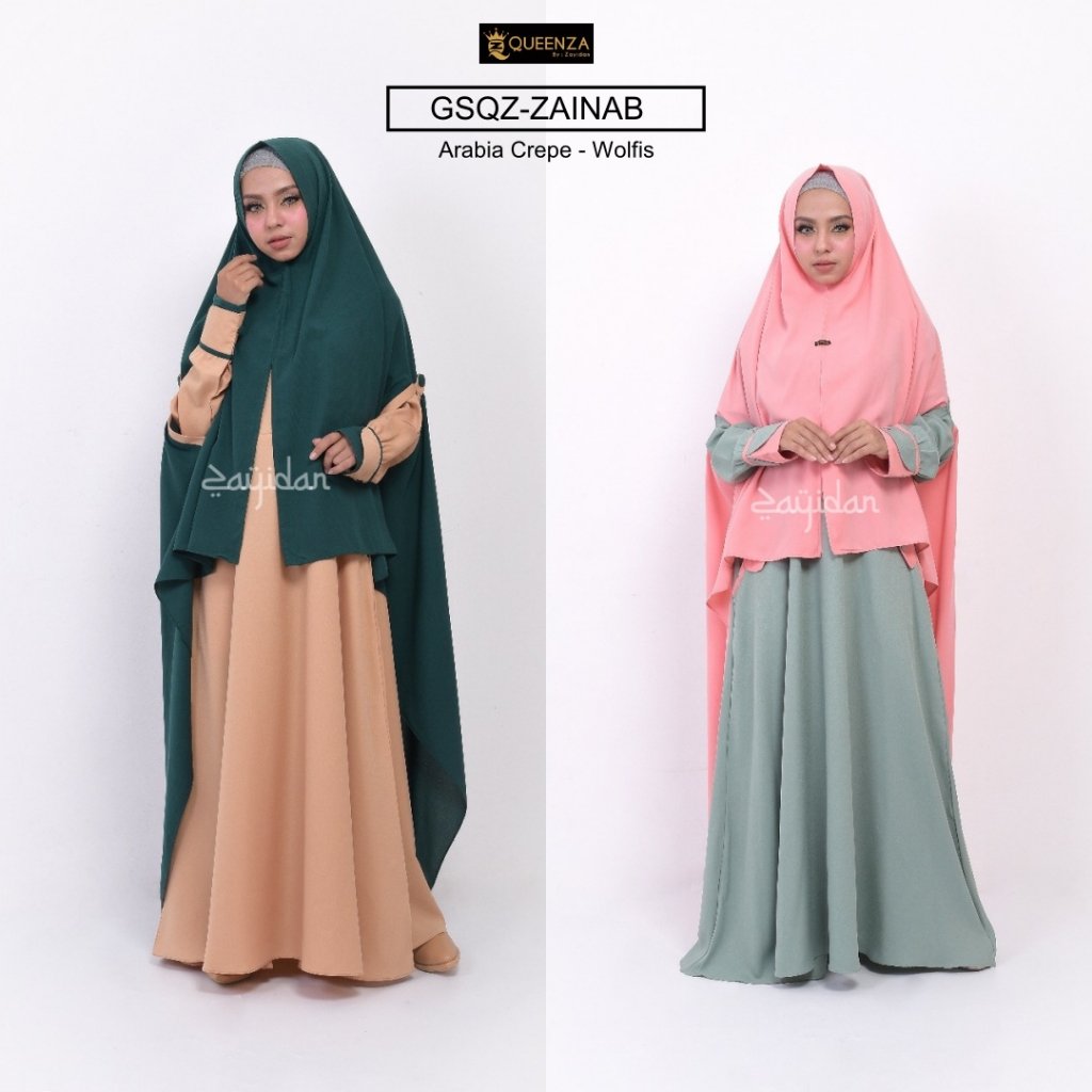 Zainab Dress Muslimah Gamis Set Syari Zainab Series By Queenza Zayidan - Zainab Hijau Cream