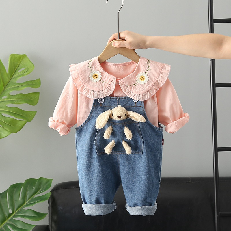 setelan baju anak perempuan lengan panjang motif BONEKA warna putih usia 6 bulan - 4 tahun import