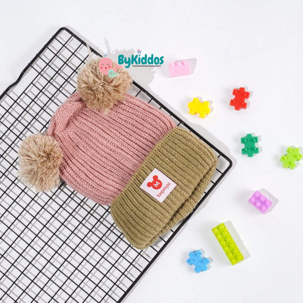 ByKiddos - Topi Rajut Anak Pompom  Mix 2 Warna / Topi Rajut Bayi Pompom / Topi Kupluk Pompom Anak / Topi Kupluk Pompom Bayi