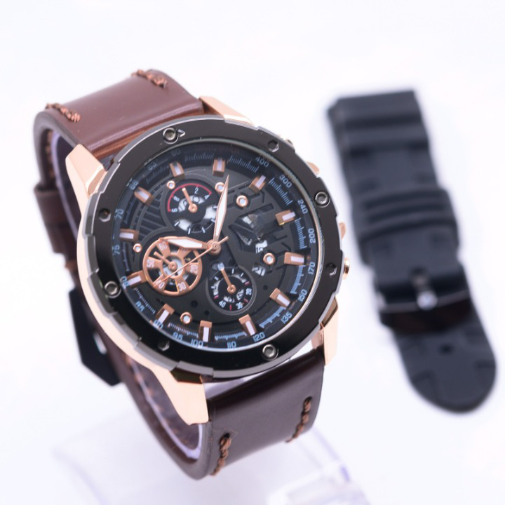 JAM TANGAN PRIA FASHION HB006 CHRONO VARIASI TALI KULIT FREE TALI RUBBER TANGGAL AKTIF