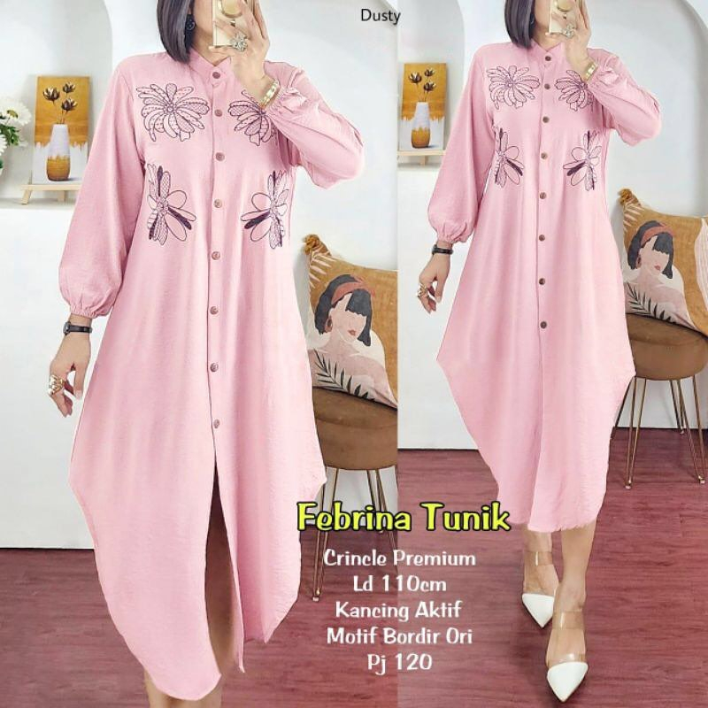 TUNIK WANITA Febrina Tunik  WD BAHAN Crinkle mix bordir ld 110 pb 120 pt 55 TUNIK WANITA TERBARU 2023 / BAJU ATASAN WANITA TERBARU KOREAN STYLE / TUNIK JUMBO KEKINIAN