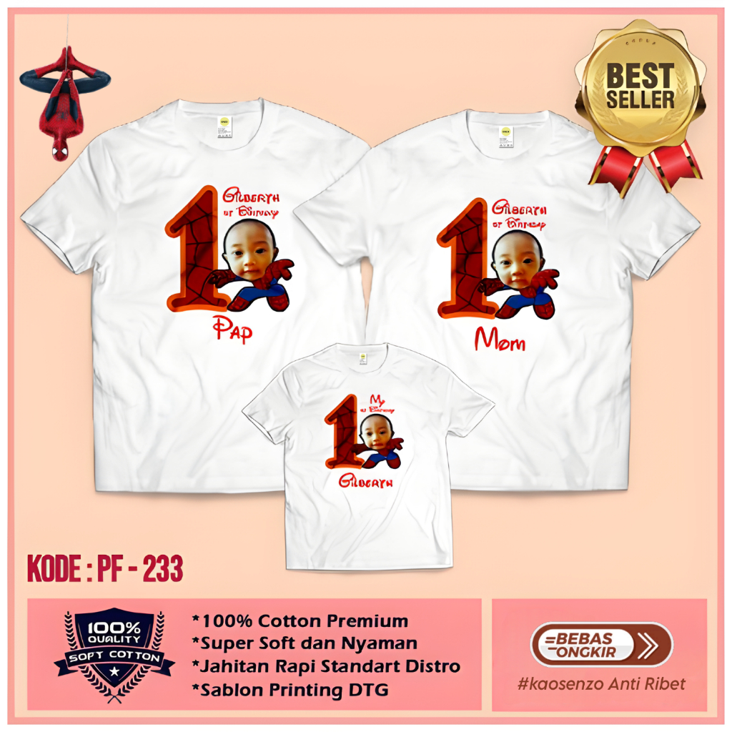 Harga Paket Lebih Hemat | Kaos Couple Keluarga | Kaos Ulang Tahun Anak | Kaos Keluarga Spiderman PF 