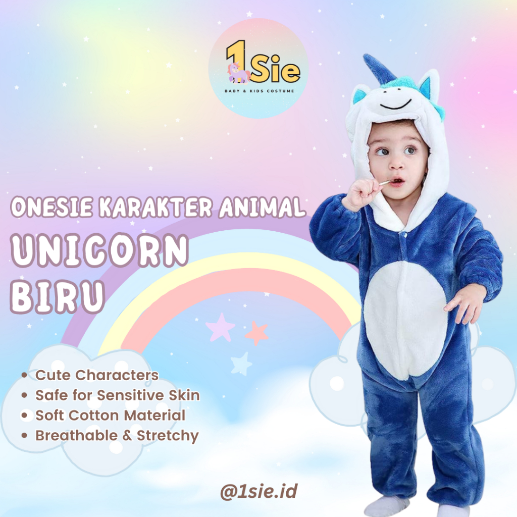 UNICORN BIRU 1sie Onesie Hewan Grosir Murah Baju Karakter dan Anak Baju Tidur Kostum Bayi Binatang J