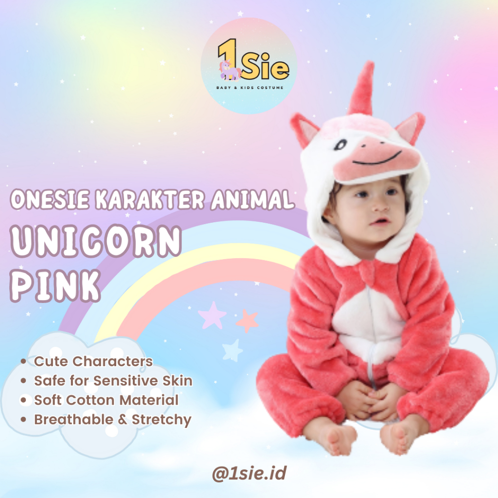 UNICORN PINK 1sie Onesie Hewan Grosir Murah Baju Karakter dan Anak Baju Tidur Kostum Bayi Binatang J