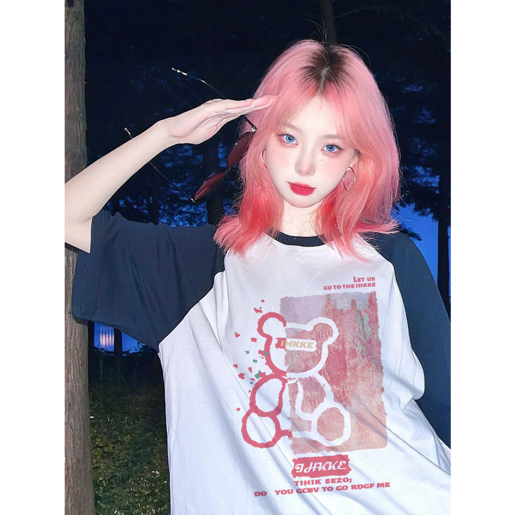 EUNII T-shirt Lengan Pendek Cartoon Pink Bear Korean Style/Kaos Atasan Wanita/Baju Kaus Oversize Wanita/Kaos Wanita