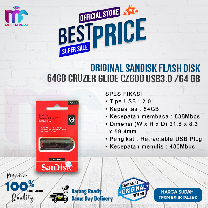 ORIGINAL SANDISK FLASHDISK 64GB CRUZER GLIDE CZ600 USB 3.0 / 64 GB