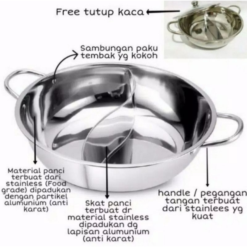 Panci Shabu-Shabu 2 Sekat Tutup Kaca 30cm Omicko / Panci Shabu Shabu Suki Pan Sekat 2 Stainless Steel Hot Pot