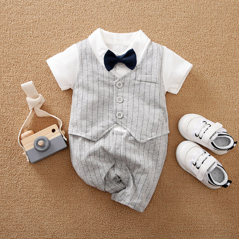 Jumper bayi 0-24 bulan Tuxedo dasi Lengan Pendek abu-abu import Korea BA-638