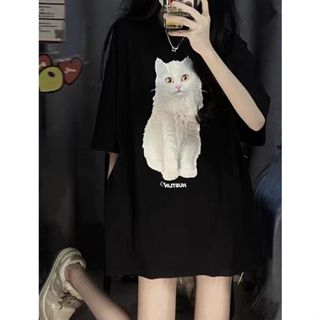 Raglan T Shirt White Cat Baju baju wanita korea Oversize Wanita Atasan Wanita Slimfit