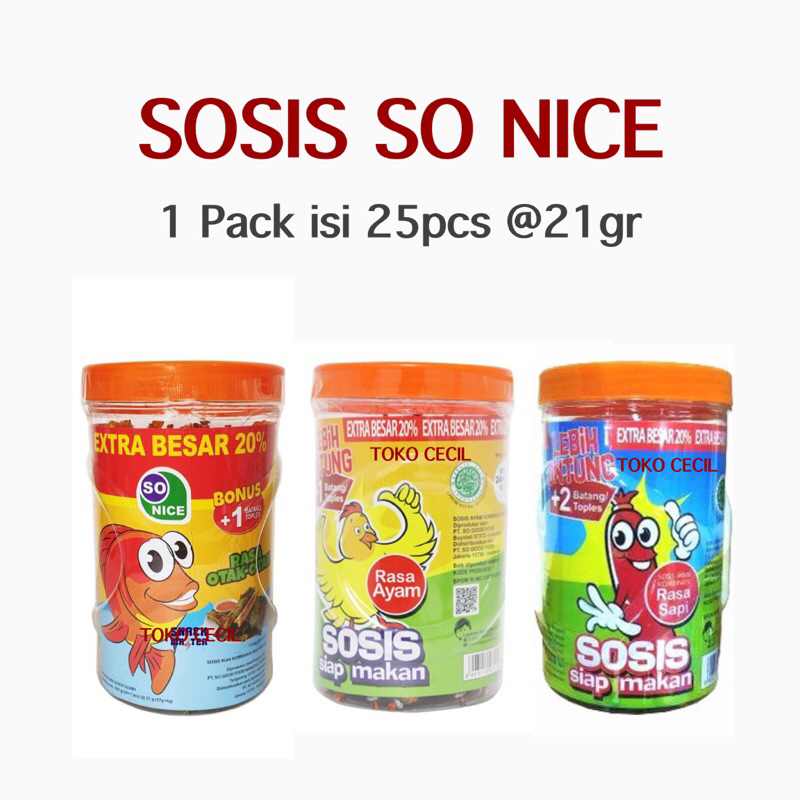 

Sosis So Nice SoNice Siap Makan Rasa Sapi, Ayam, Otak-Otak 1 Toples isi 25pcs @21gr