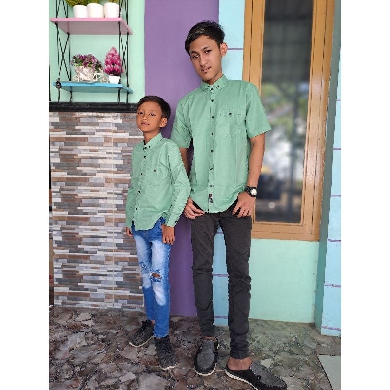 KEMEJA COUPLE AYAH &amp; ANAK WARNA SAGE GREEN KATUN SIGARET PREMIUM(HARGA SATUAN)