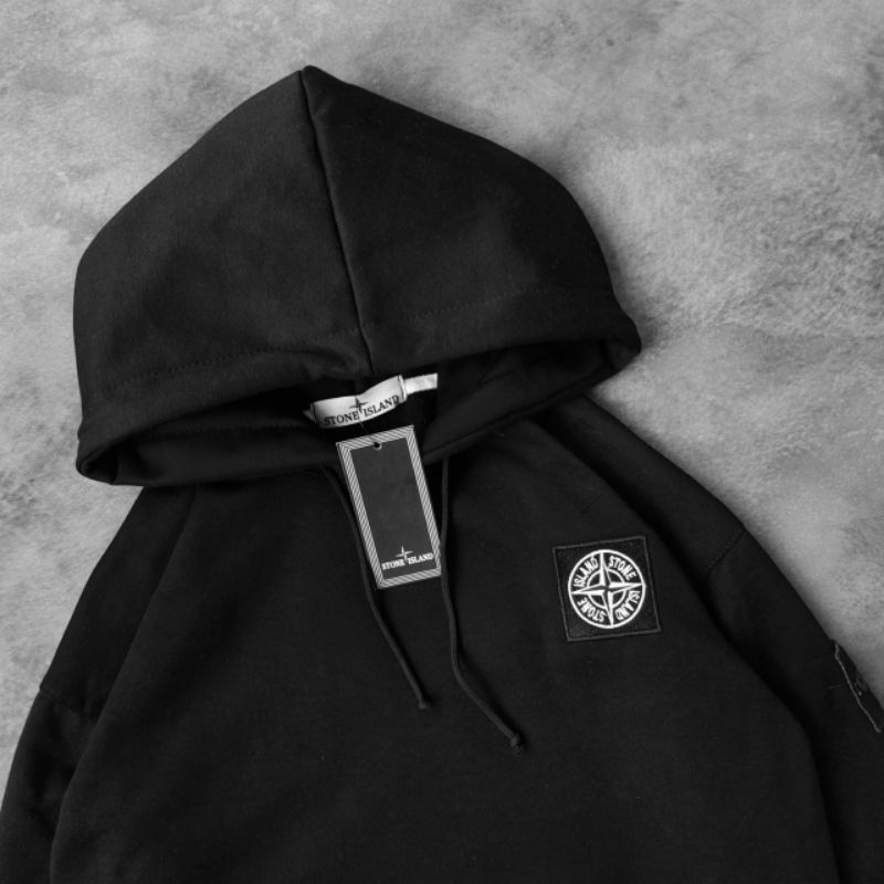 HOODIE JAKET SWEATER STONE ISLAND FLOCKING HITAM FULLTAG &amp; LABEL