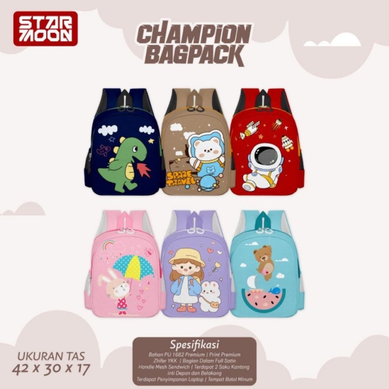 Tas Anak SD TK Laki-laki dan Perempuan CHAMPION BAGPACK By STARMOON Size 42x30x17cm