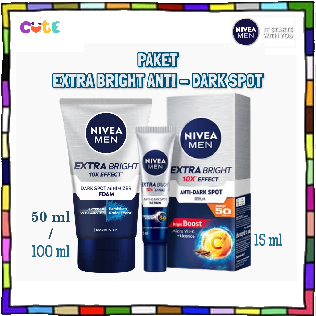 NIVEA MEN Extra Bright Anti-Dark Spot (PAKET) ( Facial Foam 50 ml /100 ml + Face Serum SPF 50 PA+++ 