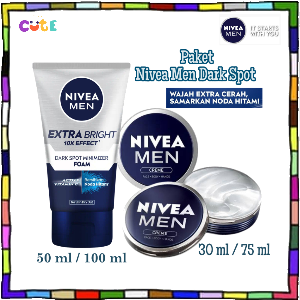 NIVEA MEN Extra White Anti-Dark Spot Minimizer Facial Foam + Creme 30 ml ( 2Pc ) | Paket Perawatan W
