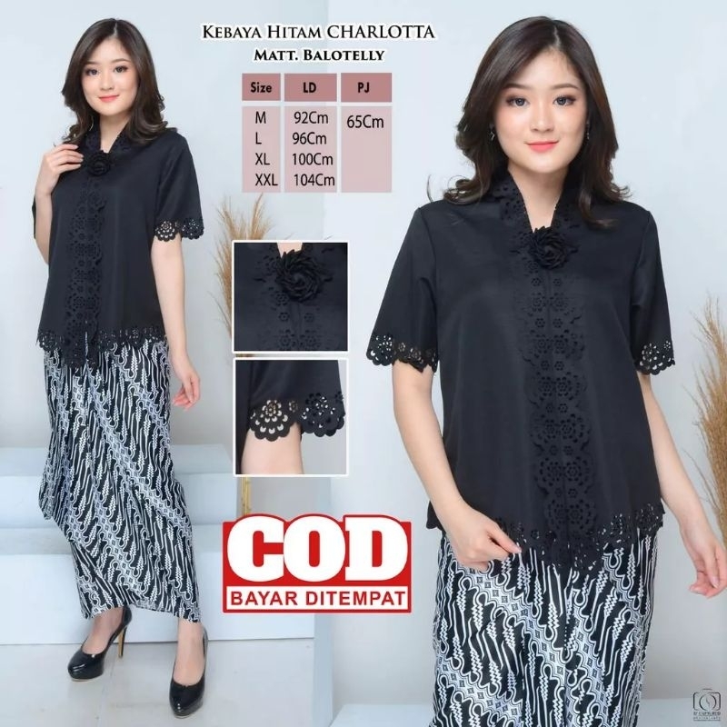 ATASAN SAJA Kebaya Encim Modern Moderen Charlotta Warna Hitam Lengan Pendek Kebaya Wisuda Kondangan