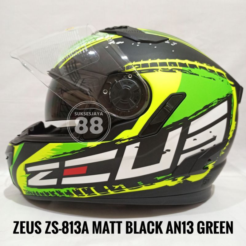 Zeus ZS-813A Matt Black AN13 Green Helm Full Face Double Visor ZS813 A