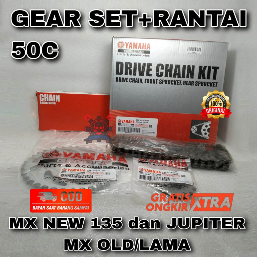GEAR SET+RANTAI YAMAHA 50C BUAT MOTOR MX NEW 135 dan JUPITER MX OLD/LAMA ASLI ORIGINAL YAMAHA YGP