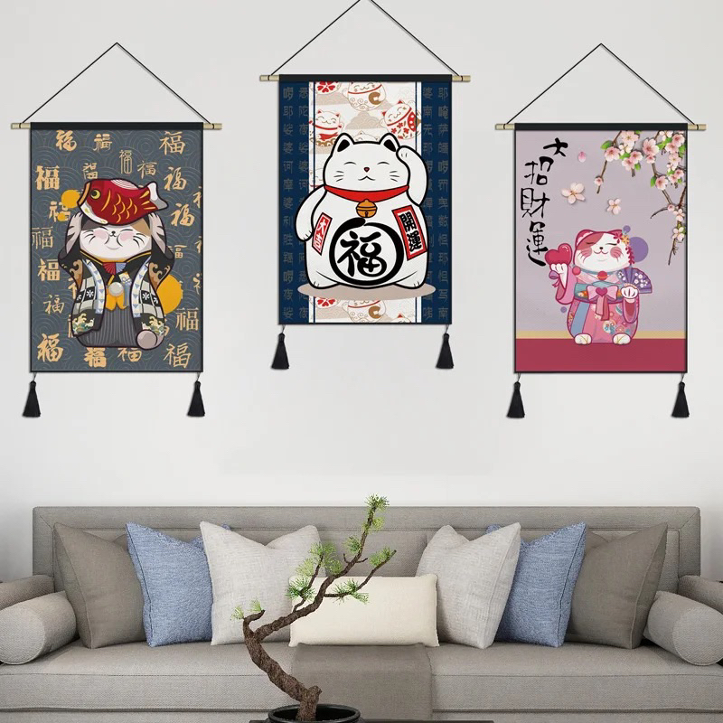 Maneki Neko poster gantung gaya Jepang Kakemono dekorasi rumah ruang tamu latar belakang lukisan seni dinding permadani Anime