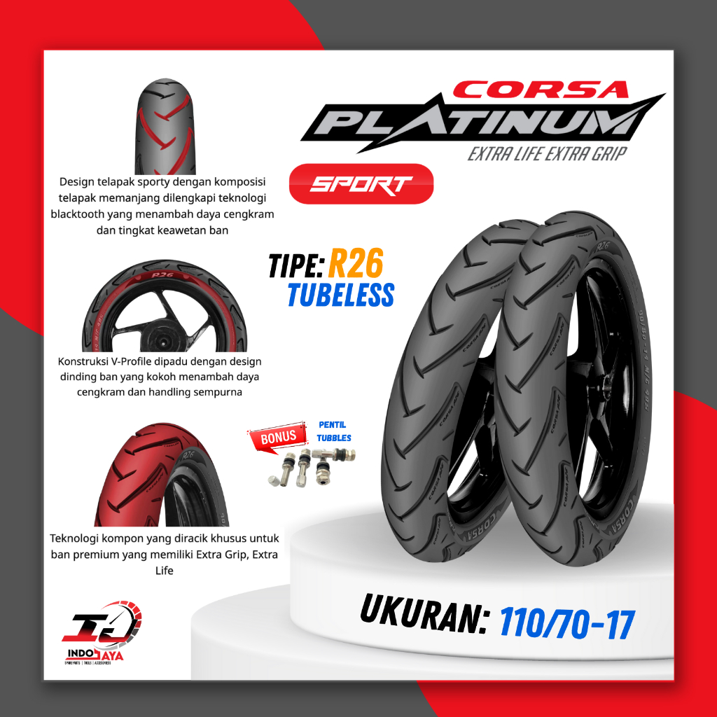 [BAYAR DI TEMPAT] BAN CORSA TUBELESS PLATINUM R26 RING 17 / BAN LUAR R-26 (110/70-17)BAN MOTOR BEBEK