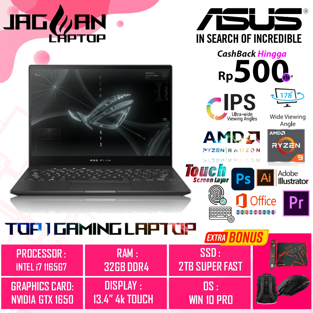 LAPTOP GAMING ASUS ROG FLOW X13 GV301QH AMD RYZEN 9 5980HS 32GB 2TB SSD GTX1650-4GB MAX-Q DESIGN 13.4 4K TOUCH BL FP WIN10PRO BLACK + EKSTERNAL ROG XG MOBILE RTX3080-16GB