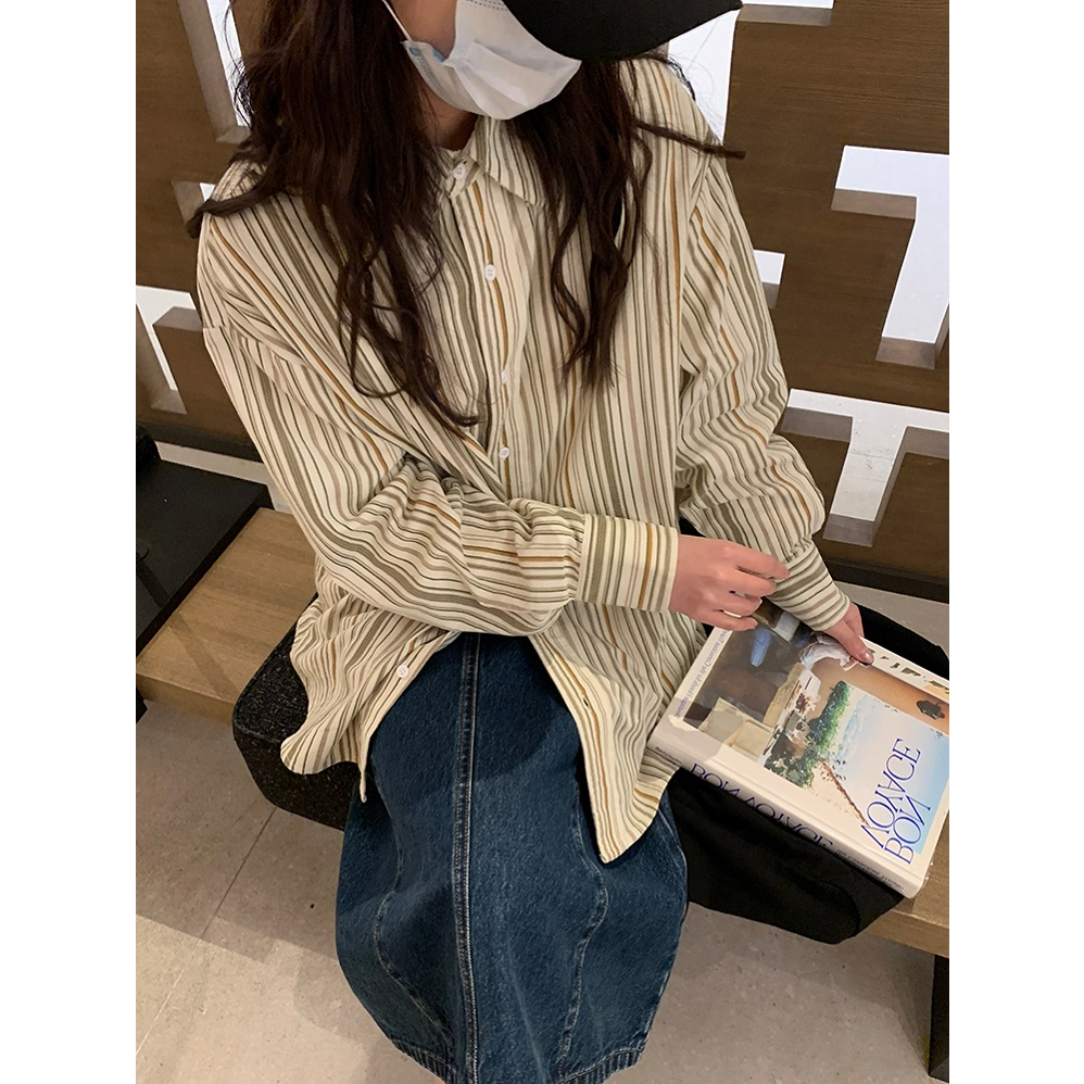 EUNII Korean Style Kemeja Kotak Lengan Panjang Blouses Wanita Atasan Loose Shirt