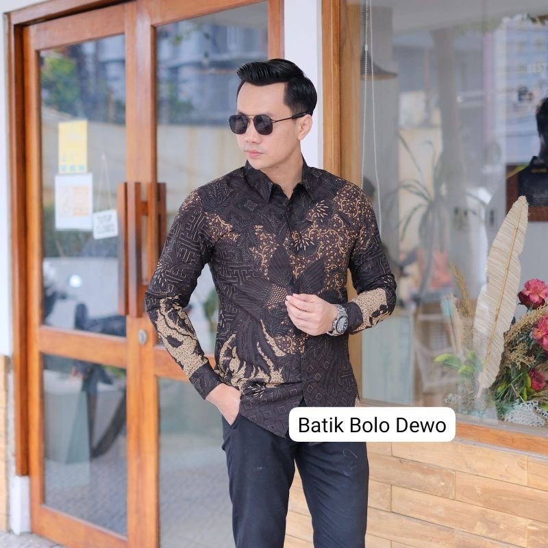 BATIK BOLO DEWO Motif Peksi Black Kemeja Baju Batik Pria Lengan panjang Lapis furing Hem Atasan