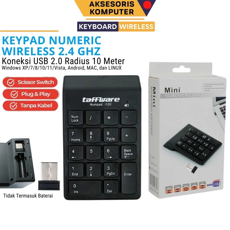 Keypad Angka Numeric Wireless 2.4 GHz USB Dongle 10 Meter Plug and Play Komputer &amp; Laptop