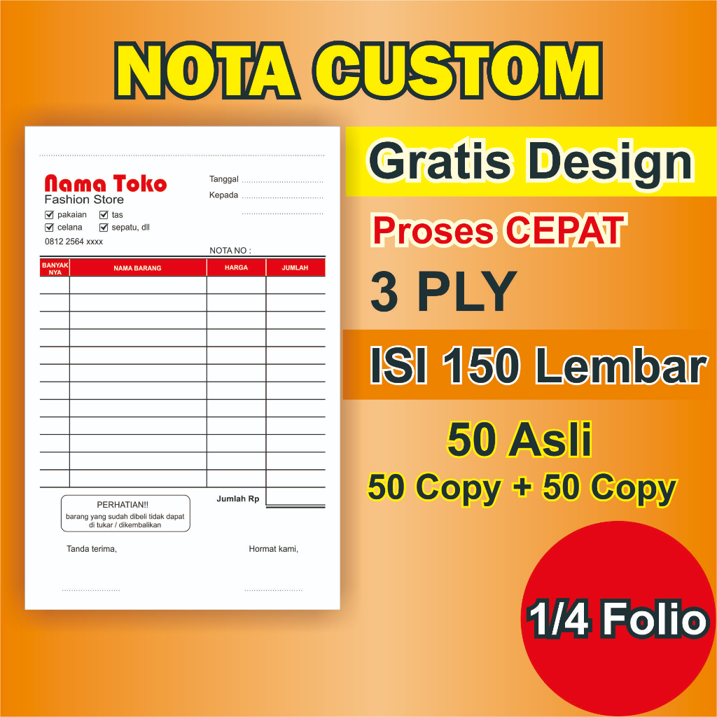 

Nota Custom 1/4 Folio 3 PLY Custom Cetak Nota Usaha Toko Resto Laundry Cafe Kantor