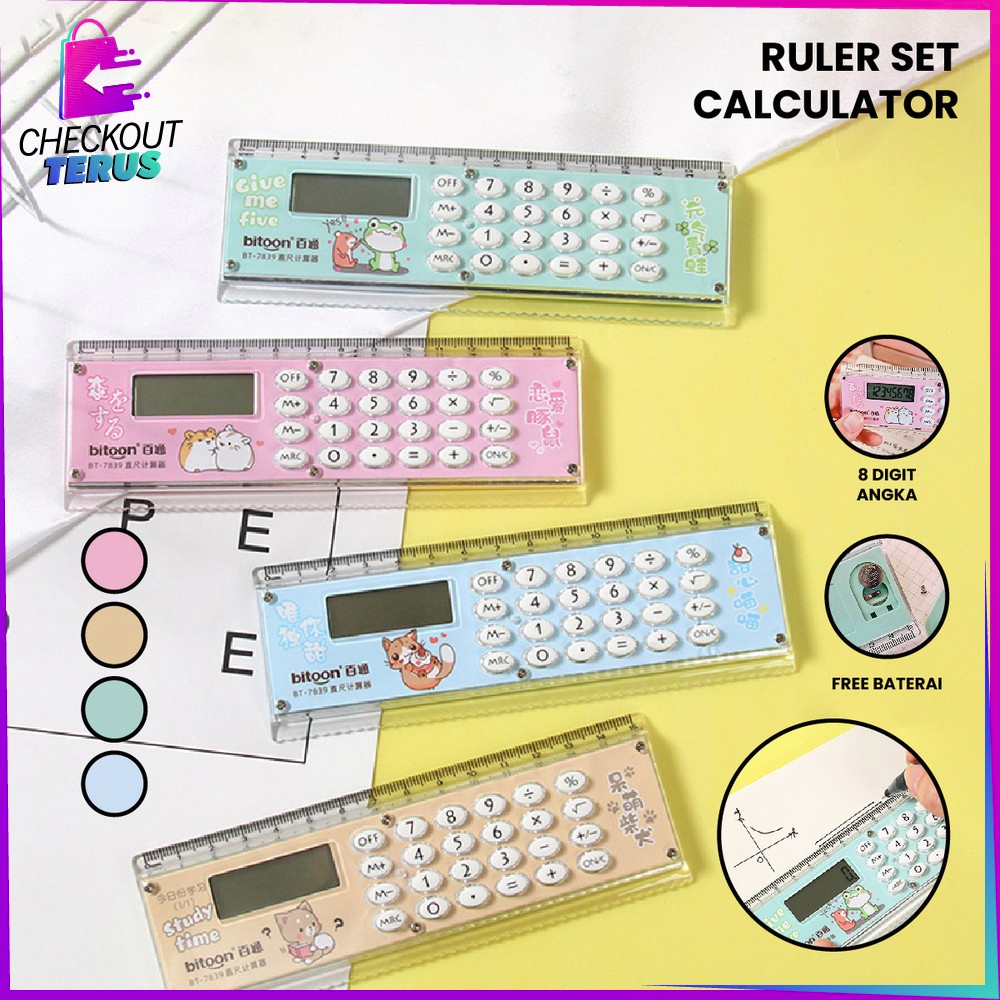 CT A65 Kalkulator Penggaris Karakter 2IN1 Mini Praktis Multifungsi Perlengkapan Sekolah Anak Kalkulator 8 Digit Penggaris 15cm Ruler Set