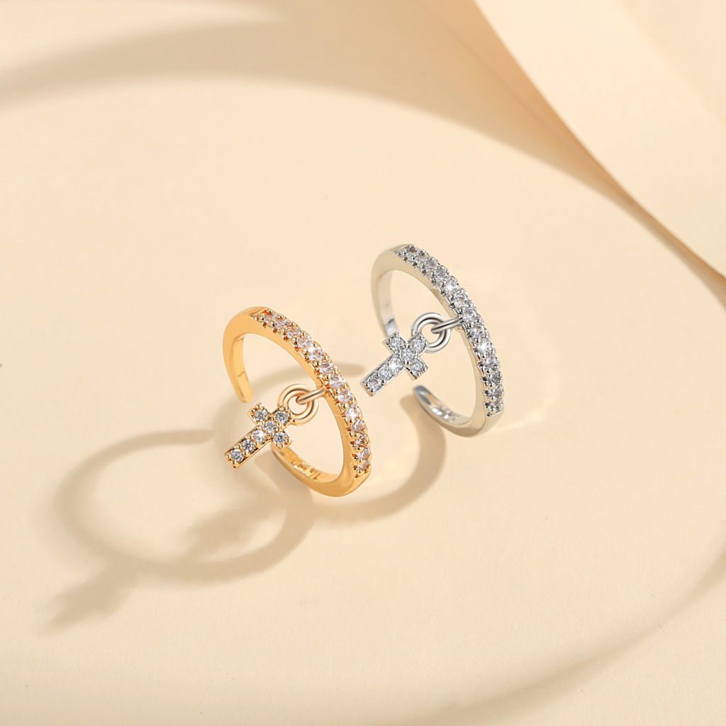 Y166 【Barang spot】Cincin Titanium Salib Titanium Steel Ring Korean Cold Wind Ins Retro Open Ring Female Index Finger Jewelry