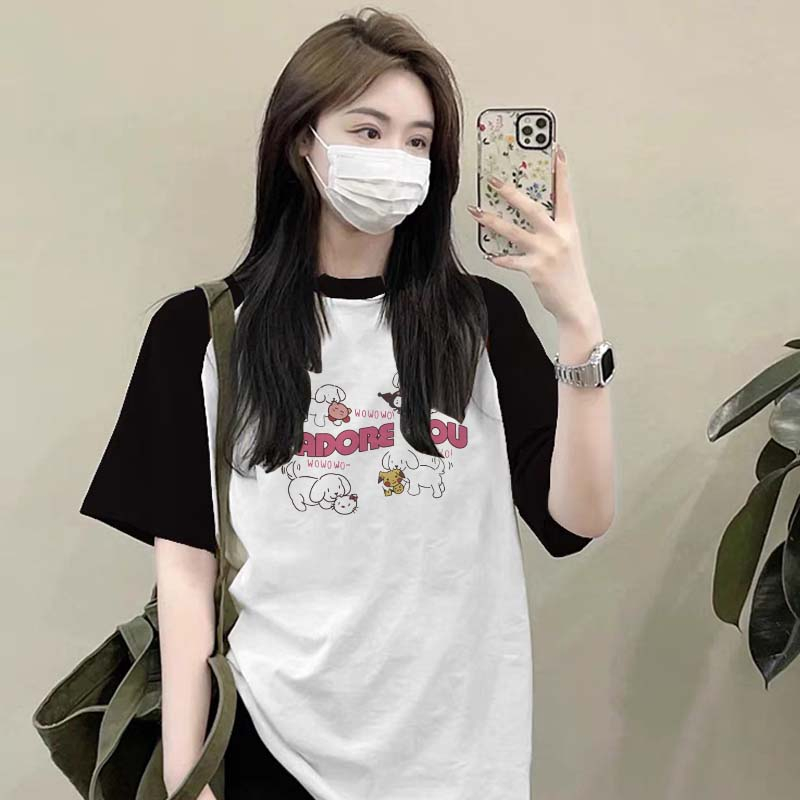 Raglan T-shirt Printed Cartoon Puppy  Kaos Oversize Wanita Korean Style Printed T-shirt Fashion