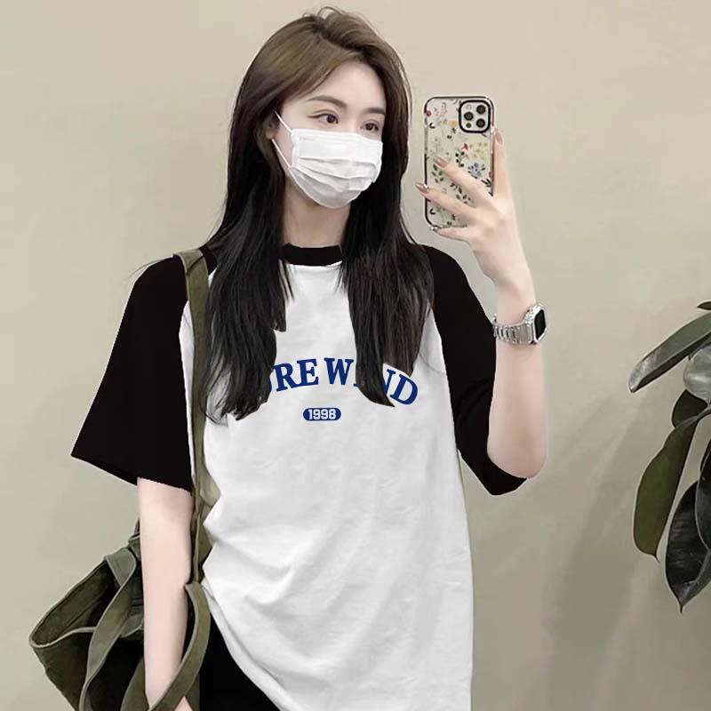 Kaos Baju Raglan Wanita Blue Letter Pattern Kaos Oversize Baju Korean Style Kaos Wanita Lengan Pendek