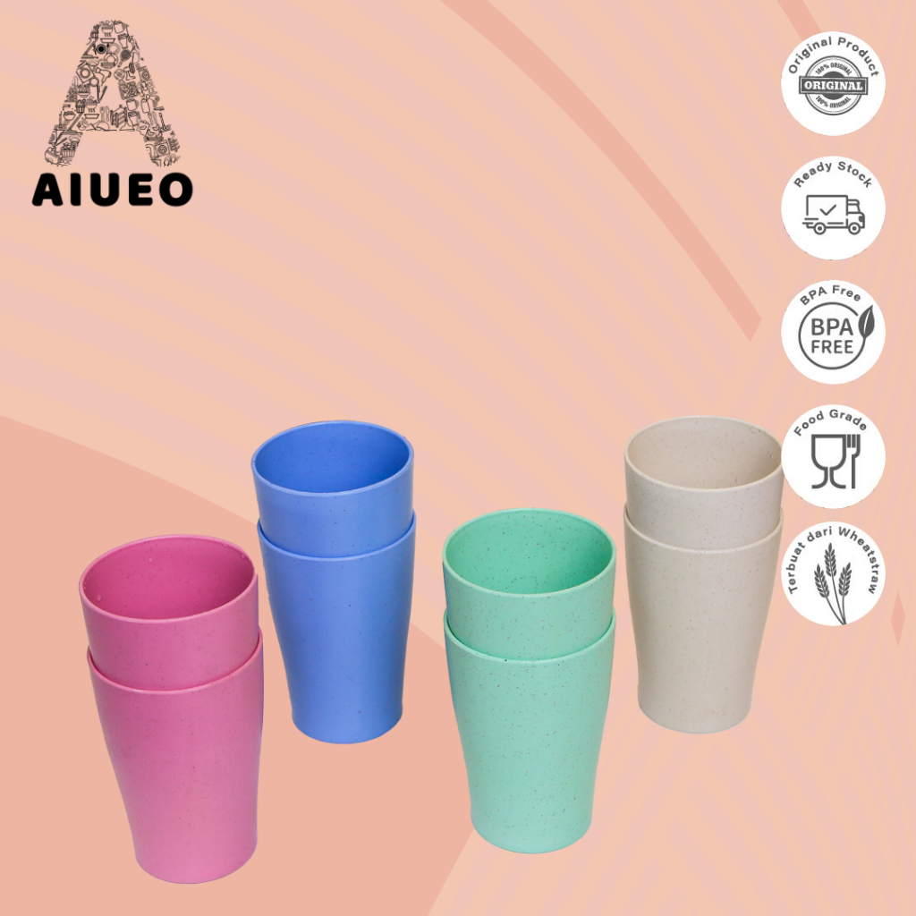 AIUEO Set 4 Pcs Gelas Teh 10 cm Wheatstraw Cangkir Plastik Cup Gelas Susu Gelas Teh Warna Warni Biru Pink Krem Hijau Ungu Pastel